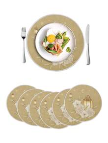 1件/4件/6件装斋月圆形涤纶餐垫，月亮烛台花卉装饰餐垫，斋月防污餐垫，适用于家庭、餐厅、餐馆，桌面装饰，家居用品