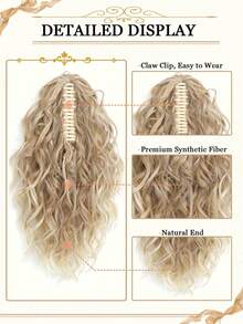 14英寸卷曲马尾发圈，14英寸爪形抽绳马尾假发，棕色混色漂白金高马尾发圈，合成纤维材质，女士时尚发夹，优雅发饰，休闲发爪，女士优雅发爪夹 - 彩色 - 查看 5
