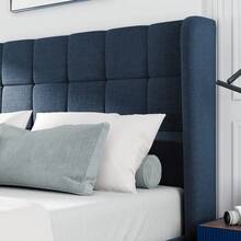 Upholstered Double Bed With Padded Headboard, 140x200cm, In Blue Linen, Medium Firmness (Mattress Not Included) - Blue - View 7