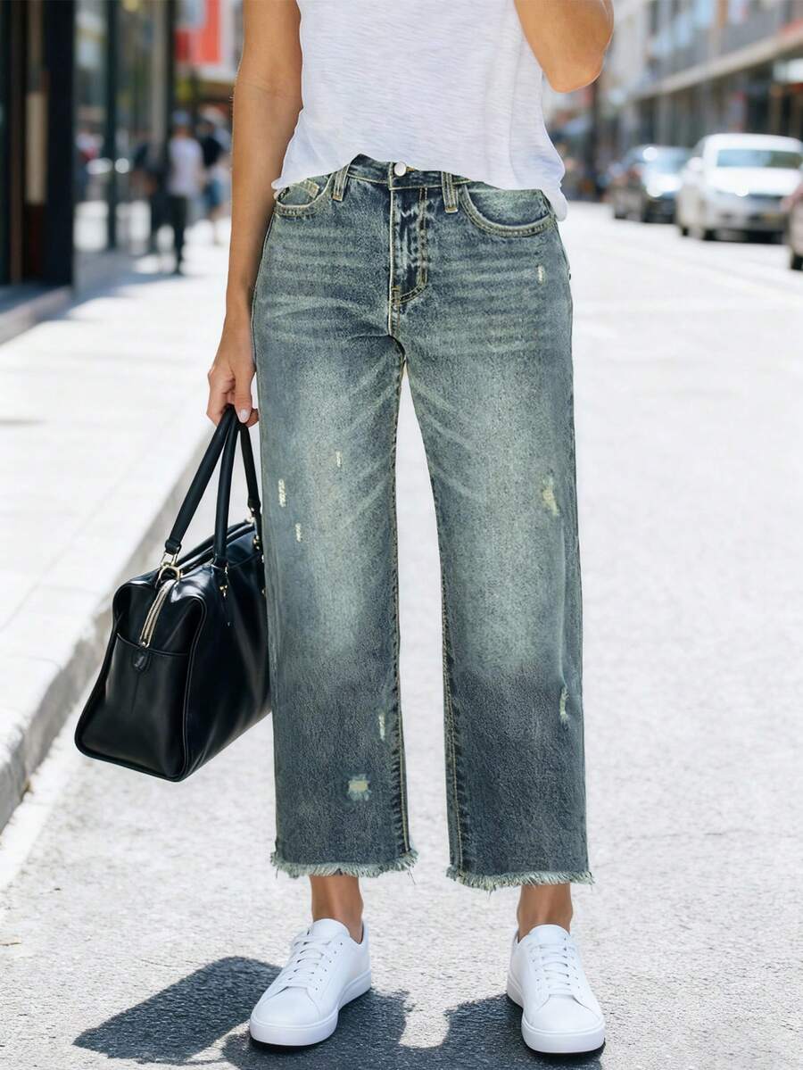 舒适宽松弹力做旧水洗蓝色毛边直筒牛仔裤，女款，街头风