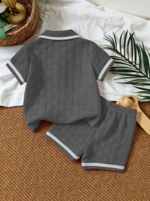 2pcs/Set Baby Boys' Jacquard Polo Shirt And Casual Shorts Set, Summer - Grey - View 2