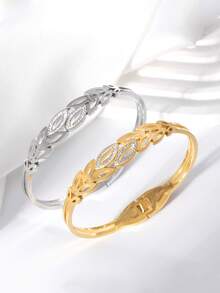 1件休闲不锈钢手链，个性化叶形闪亮水钻饰品，适合女性日常通勤、度假及其他场合佩戴 - 樹葉 - 查看 2