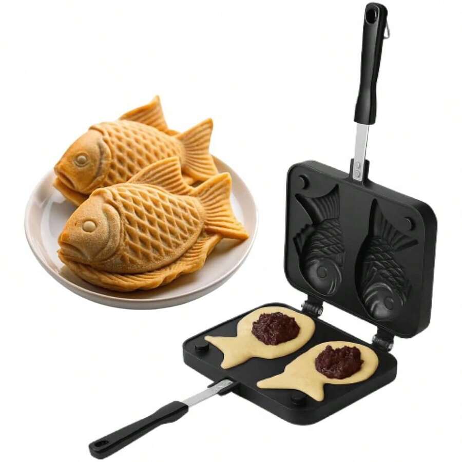 Molde para pastel Taiyaki con forma de pez, waflera, molde doble para panqueques, ideal para fiestas de cocina casera. Molde para pastel Taiyaki con forma de pez, waflera con doble molde y pincel de silicona para crear postres caseros. - Negro - Ver 1