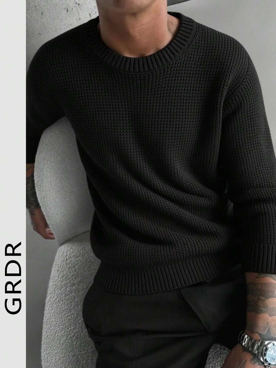 GRDR Men's Casual Jacquard Knit Crew Neck Long Sleeve Sweater - Black - View 1
