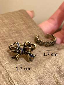 2件套复古蕾丝蝴蝶结装饰开口戒指套装，适合女士日常佩戴