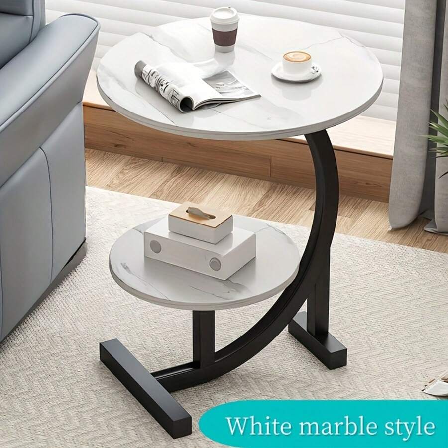 Modern Wooden Coffee Table With Metal Base - Elegant Round Table For Living Room, Bedroom, Or Balcony - Space-Saving Design, Lightweight & Durable, Easy Assembly, Black Finish, Perfect For Sofa, Bedroom, Or Reading Nook, Coffee Table For Living Room, Bedroom Nightstand, Contemporary Aesthetic, Sleek Metallic Legs - White Double-Tier End Table - 查看 1