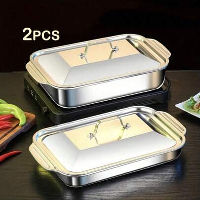 4-Piece (2 Stainless Steel Deep Pans And 2 Lids With Handles) Heavy-Duty Stainless Steel Rectangular Fish Baking Tray With Lid, Large Capacity Multi-Purpose Heating Tray, Suitable For Barbecue, Buffet And Home Cooking, Suitable For Dessert, Bread, Seafood, Suitable For Barbecue, Buffet And Home Cooking, A Must-Have For Holiday Cooking