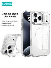 1pc Koolife New Metal Frame Kickstand Protective Case Compatible With Apple 17 Pro Max, High Transparency Magnetic Adsorption Phone Case With Independent Buttons, Side Strip Design, 2.0mm Anti-Drop Back Panel, Compatible With Apple 17 Pro Max/ 17/ 17 Pro - White - View 1
