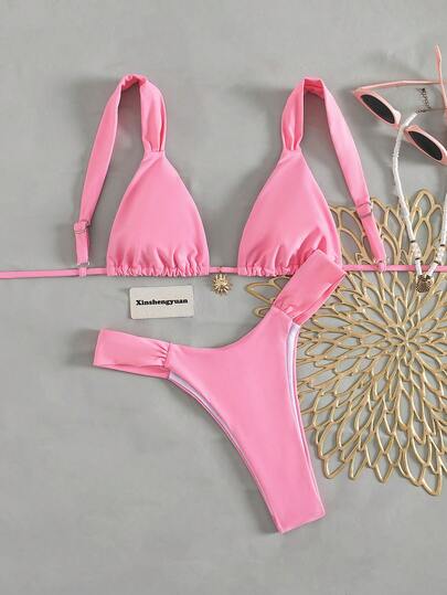 2 piezas/Set Trajes de San Valentín, temporada de regreso a clases, temporada de graduación, bikini de unicolor con tirantes elegante y casual para mujer con tela de estiramiento medio, moda europea y americana, vacaciones en la playa y piscina, traje de baño de lujo con conjunto de cubierta, almohadilla desmontable para traje de baño, atuendo festivo, conjunto a juego para vacaciones, atuendo de playa soleada de verano, traje de baño de aguas termales de invierno.