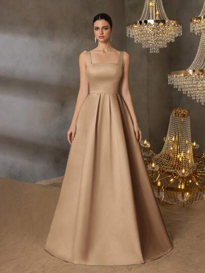 Faeriesty Women Elegant Elegant Satin Square-Neck Tie-Dress With Dramatic Floor-Length Hem | Luxurious Evening Look For Galas, Weddings Or Red Carpet Events,Summer Holiday Outfits