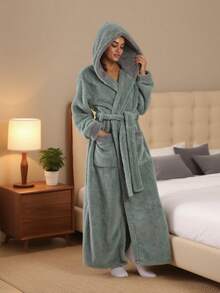 一件装基础款休闲连帽浴袍，带腰带，男女通用，雾蓝色 - 霧藍連帽 - 查看 4