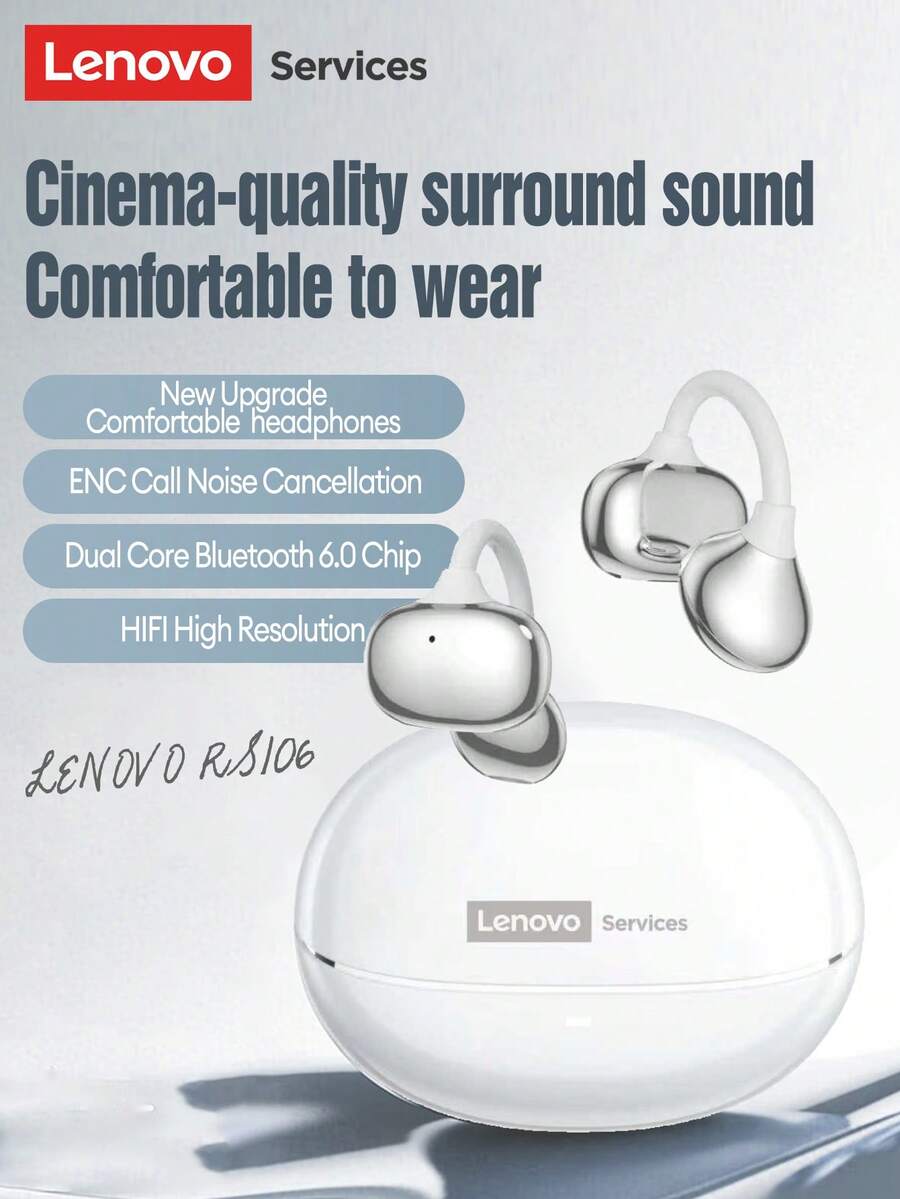 Tai nghe Bluetooth thời trang Lenovo RS106, kiểu kẹp tai, âm thanh chất lượng cao, thời lượng pin dài, Bluetooth 6.0 độ trễ thấp, phù hợp với điện thoại thông minh và máy tính.