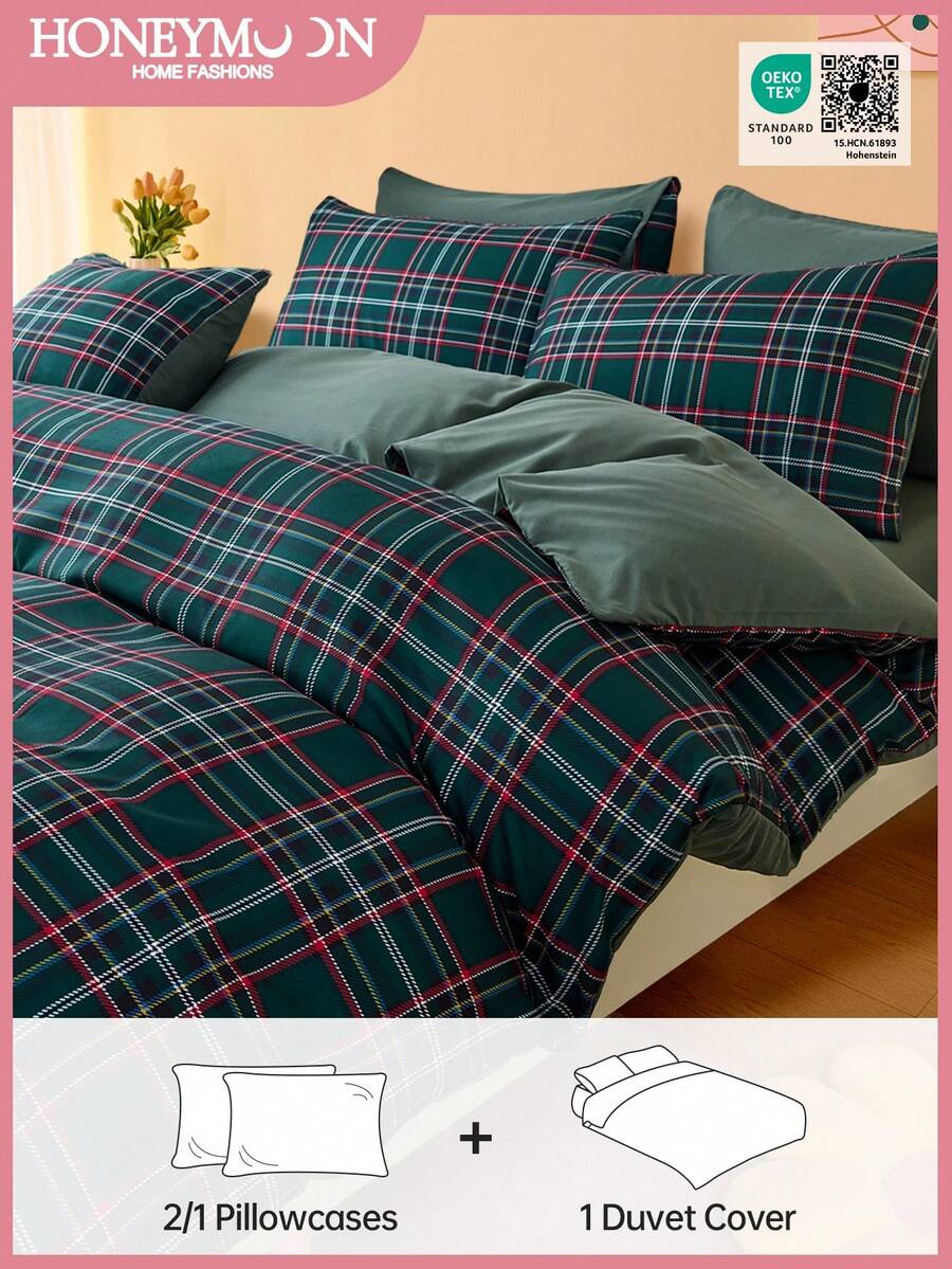 2/3 piezas Juego de Funda Nórdica a Cuadros Verdes (1 Funda Nórdica + 1/2 Fundas de Almohada, Sin Relleno), Cubrecama Decorativo Elegante para Dormitorio y Residencia, Certificado Oeko-Tex