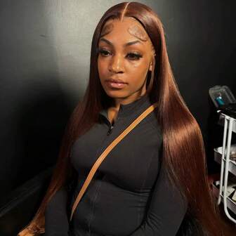 巧克力棕色直发13x4蕾丝前假发，真人发，高清透明蕾丝前额，4#深棕色，180密度真人发，预先拔毛，带婴儿发，混合发假发，女士圣诞礼物（波波头假发，8-14英寸）