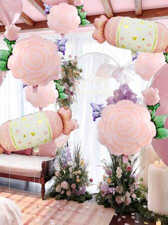 4pcs/Set Ins Style Pink Rose Candy Romantic Balloon Set, Includes Ins Rose Flowers And Heart Candy Foil Balloons, Suitable For Wedding Party, Valentine's Day Decor, Love Theme Party, Bachelorette Party, Wedding Venue Decor, Proposal Party, Wedding Reception, Backdrop Decor, Bridal Shower, Birthday Party, Anniversary Celebration