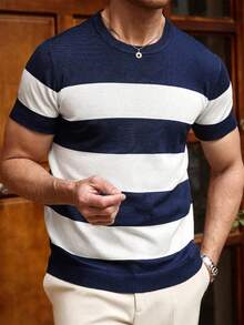 ALTZTAR Men's Round Neck Short Sleeve Solid Color Patchwork Casual Knit Top - Navy Blue - View 3