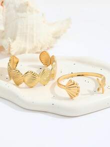 2pcs/Set Bohemian Style Metal Starfish & Shell Bracelet Set, Women Beach Jewelry - Yellow Gold - View 3