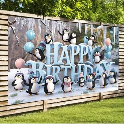 1 pezzo Striscione di compleanno con pinguino - tema foresta invernale, con palloncini e fiocchi di neve, telo di poliestere per decorazione di feste, adatto per decorazione domestica e di stanze, decorazione di pareti, accessori fotografici, per tutte le stagioni, decorazione invernale