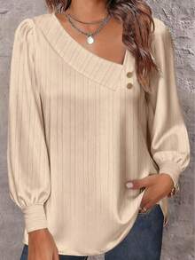 Plus Size Women's Long Sleeve Solid Color Casual Blouse - Beige - View 1