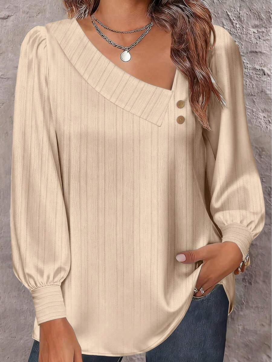 Plus Size Women's Long Sleeve Solid Color Casual Blouse - Beige - View 1
