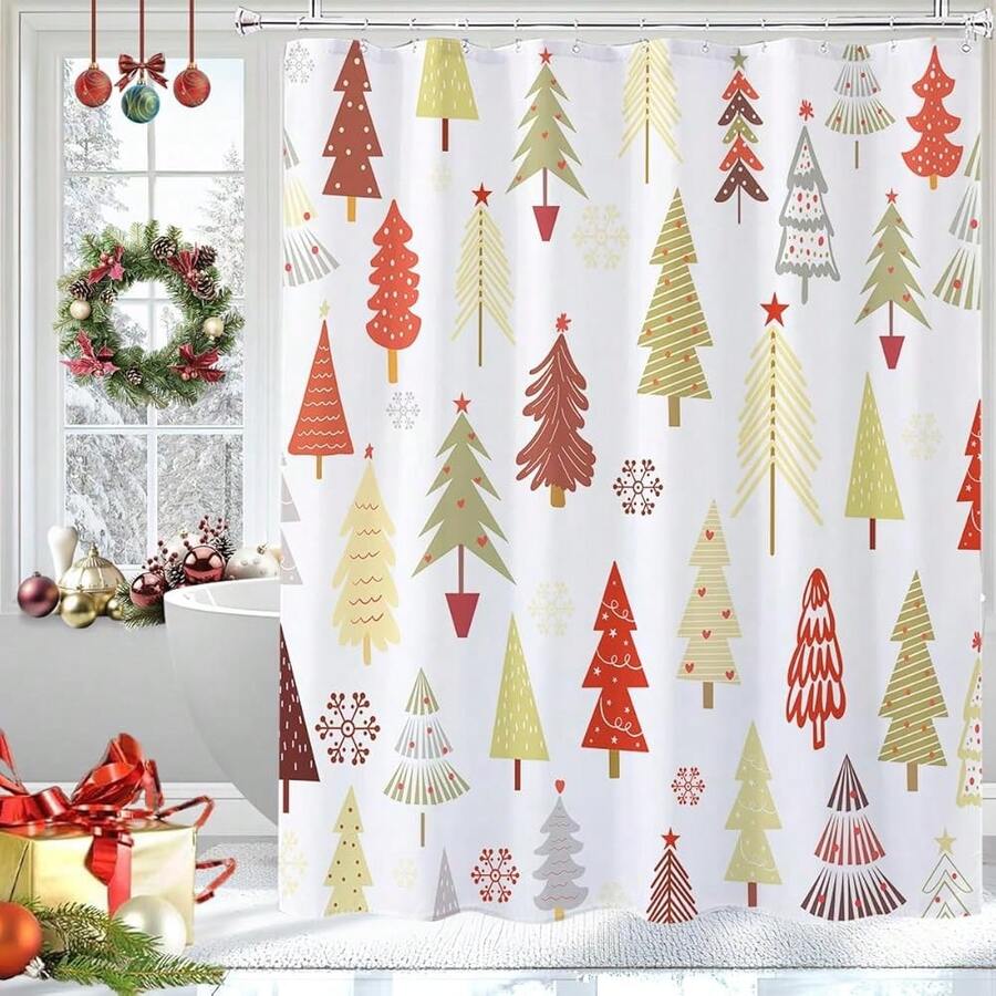 Red Christmas Tree Shower Curtain,Winter Boho Shower Curtains For Bathroom Fabric Washable 72x72 Inches,Red - Red - View 1