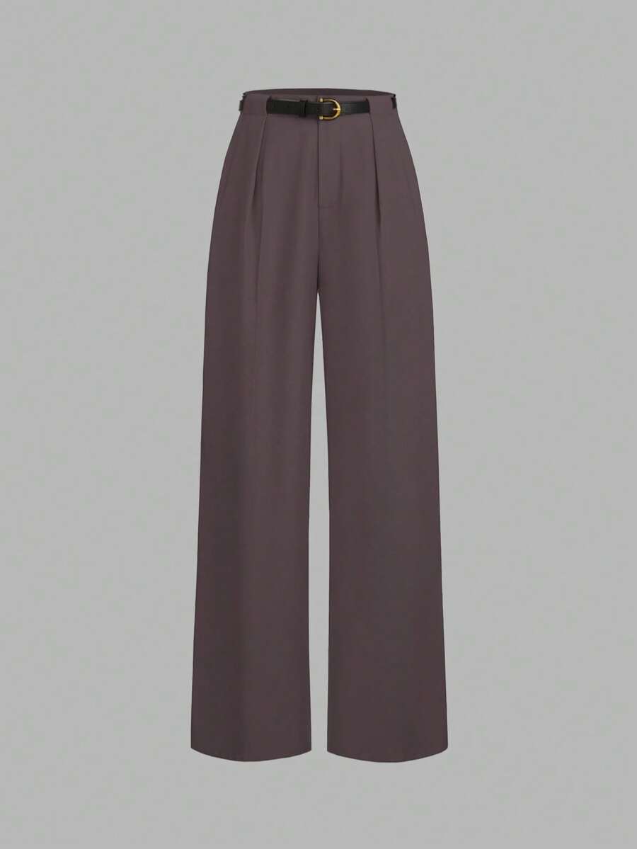 Pantalones rectos de unicolor y elegantes con cinturón, de talle medio, para primavera - Red Plum - Ver 1