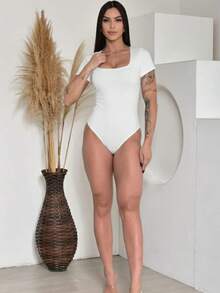 Body Suplex Feminino Manga Curta Decote Quadrado Collant Gola Reta