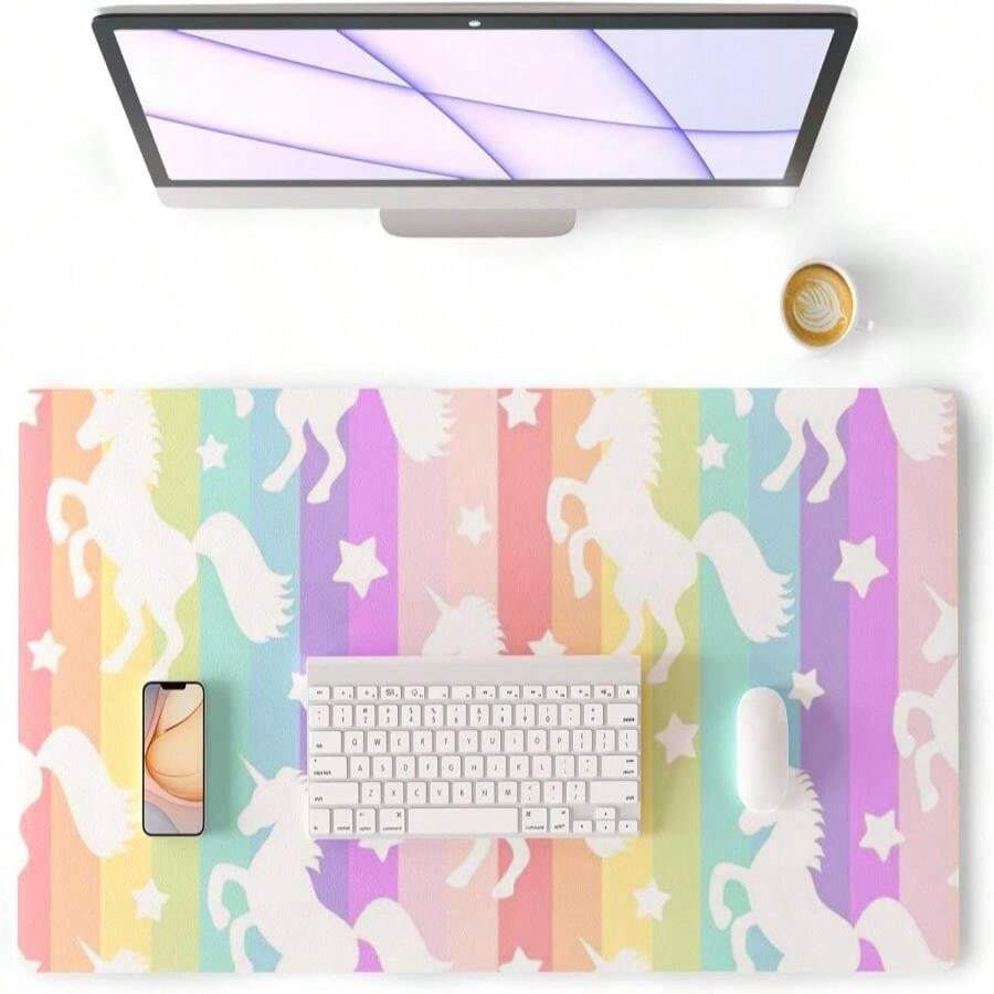 Colorful Star Unicorn Desk Pad, Leather Desk Mat For Girls Women, Rainbow Cute Desk Accessories Kawaii Office Décor, Waterproof Non-Slip Large Writing Mat For Kids 31.5"X15.7" - ColorK - 查看 1