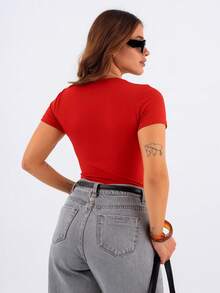 Women's Blouse In Spandex, Short Sleeve, Basic, Simple, Casual, Elegant - 紅色 - 查看 4