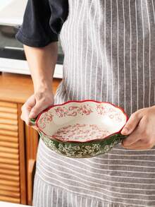 Vintage Floral Handpainted Round Ceramic Baking Dish With Handle, Kitchen Cookware Serving Plate For Salad, Pasta, Grilling, Baking, Pizza, Oven & Microwave , Suitable For Home Or Restaurant, Daily Use And Holidays - Green - View 8