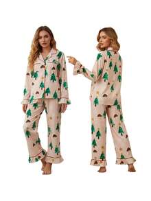 Women's Christmas Pajama Set Long Sleeve Lapel Mushroom Christmas Tree Print Shirt Pants Sleepwear - Rosa - Ver 10