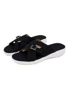 Women's Thick Sole Slip-On Sandals, Soft Non-Slip Flat Sole, Suitable For Middle-Aged And Elderly, Summer - Black - View 6