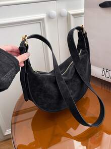 1pc Women's Fashionable Solid Color Minimalist Shoulder Bag, PU Leather, Suitable For Dates, Shopping, Versatile - Black - View 9