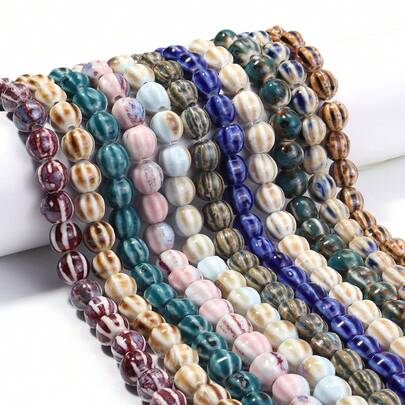 1 sträng med ca 28 st 11,5 mm vintage glaserade randiga pumpapärlor i keramik, för smyckestillverkning, hantverk, hängen, dekorationer