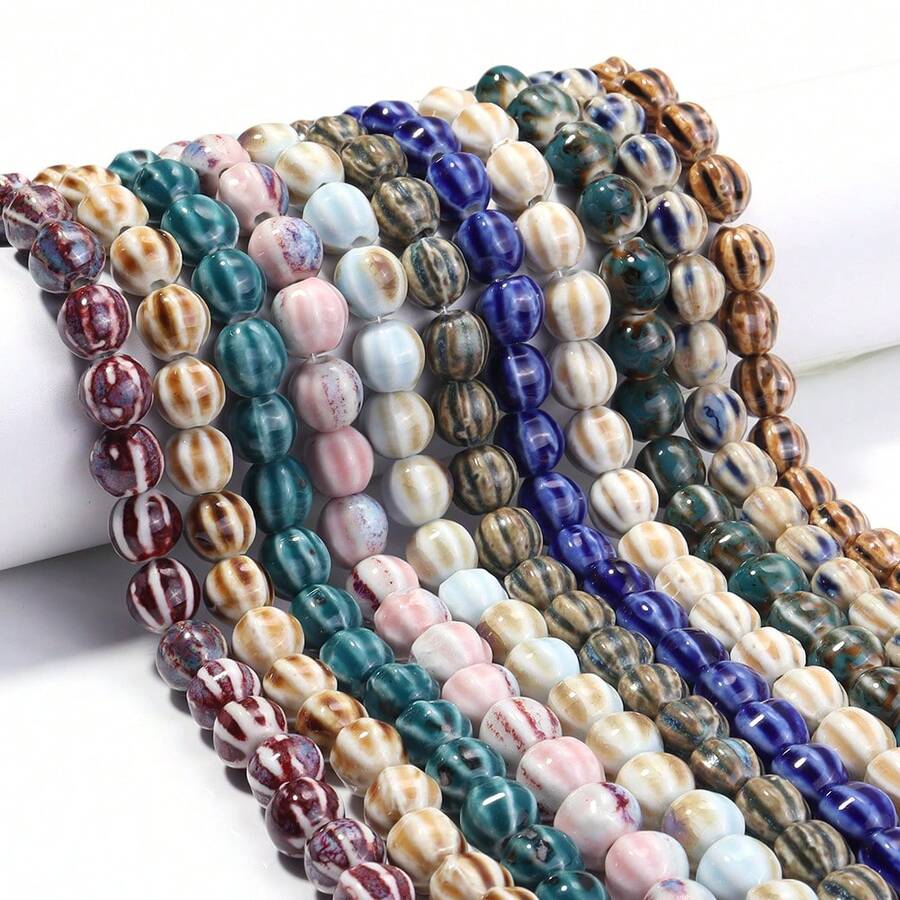 1 chuỗi gồm khoảng 28 hạt gốm hình quả bí ngô sọc tráng men cổ điển, kích thước 11.5mm, dùng để làm trang sức, đồ thủ công, mặt dây chuyền, đồ trang trí.