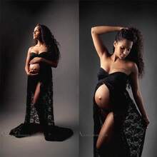 黑色蕾丝孕妇拖尾抹胸长裙，适合春季拍摄 - 黑色 - 查看 3