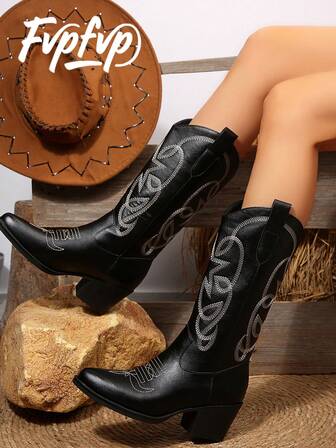 FVPFVP Bottes de cow-boy vintage à talons hauts épais avec broderie