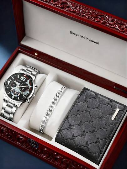 3 delar lyxigt businesset för män, inklusive 1 Geneva multifunktionsklocka med svart urtavla och stålband, 1 silverfärgat tjockt kedjearmband och 1 präglad svart läderplånbok. Modern och elegant design, lämplig att bära med kostym, pendling, vardagliga utflykter och diverse andra tillfällen.