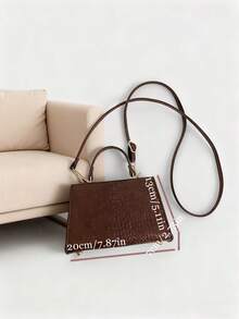 Mini Fashionable Glossy Crocodile Embossed Metal Flap Twist Lock Crossbody Handbag - Coffee Brown - View 3