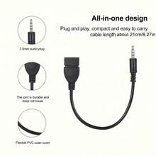 通用 USB-AUX 音频线：即插即用，高速 Cat 7 3.5mm 车载音频线，3.5mm OTG 转接线，适用于车内及其他场所的无缝音频连接，3.5mm AUX 转 USB 音频线，黑色车载 AUX 适配器，USB 耳机转换器，公头转母头，迷你 USB 接口，USB 供电，≤36V 工作电压 - 黑色 - 查看 10