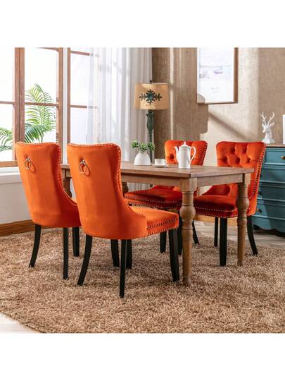 Moderne Dining Chairs, High End Tufted Solid Wood, Contemporary Fluwelen Upholstered Piece Studded Wooden Legs, Orange, Blue. view 4