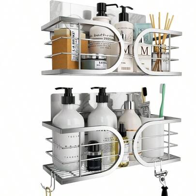 Shower Caddy No Drill Wall Mounted 304 Stainless Steel Durable Large Capacity Adhesive Shower Rack Organizer Quick Dry Rustproof Bathroom Storage Shelves 2 Pack Silver