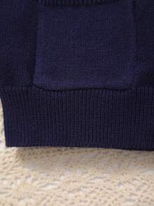 Baby Girls Blue Retro Elegant V-Neck Design Bear Pattern Knitted Cardigan Jacket With Dual Pockets, Suitable For Outings And Gatherings, Dignified And Steady Yet Chic - Navy Blue - View 6