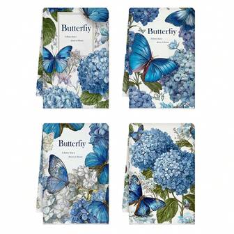 4条蓝色花卉图案厨房毛巾，蓝白花卉配色，蓝色花卉和蝴蝶图案，适合擦拭餐具，也可作为厨房家居装饰和桌面装饰，必备厨房用品，适用于厨房和餐厅，常用于日常清洁和节日装饰。