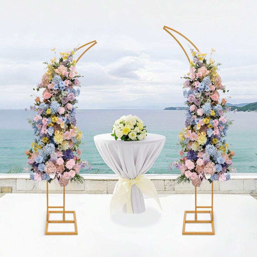 2-Pack Of Curved Flower Stands For Weddings, Height Adjustable, Available In White/Gold, Ideal As A Display Stand For Bridal Bouquets And As Decoration For The Reception Hall. The Stable Base Prevents Wobbling. Perfect For Weddings, Parties, Celebrations, And Meetings. - 金色 - 查看 1