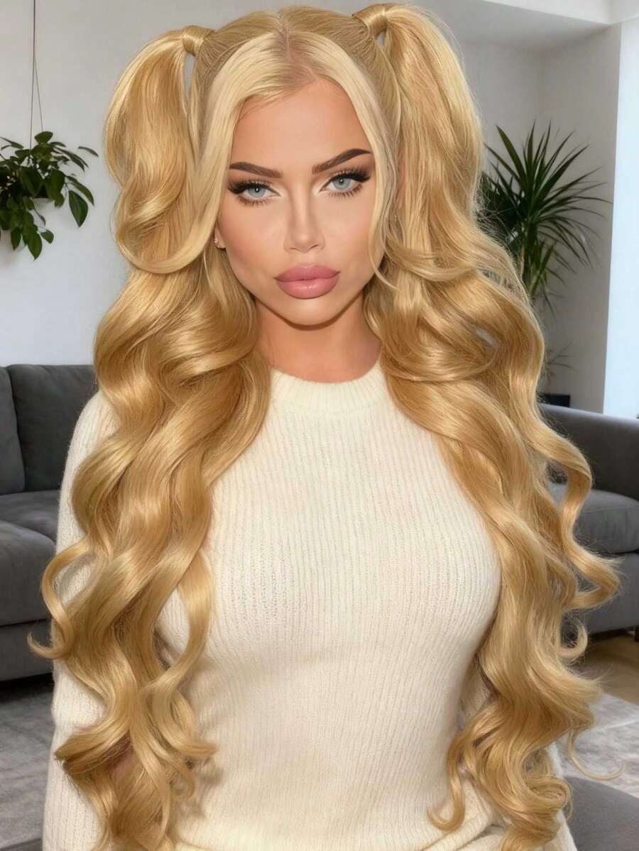 Synthetic Lace Front Wig Honey Blonde Water Wave Lace Frontal Wig 13x4 HD Long Body Wave Blonde Glueless Wigs For Women Suitable For Everyday Wear Heat Resistant Hair For Daily Or Events With Natural Density - 金髮女郎 - 查看 1