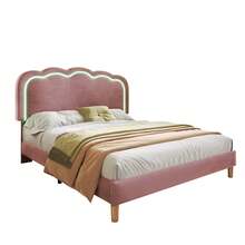 Upholstered Bed With LED Lighting, Double Bed 140 X 200cm, Bed Frame With Slatted Base And Adjustable Headboard, Upholstered Bed In Pink, Bed Frame For Youth Bed In Bedroom Or Guest Room - Velvet - Pink - View 3