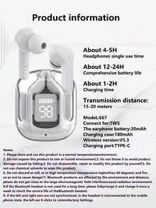 新款透明触控低延迟 TWS 无线耳塞，带硅胶保护壳和挂绳，适合运动、办公、游戏、USB-C 充电、5.3 半入耳式无线运动耳机，电池寿命超长（含硅胶壳和挂绳的耳塞）