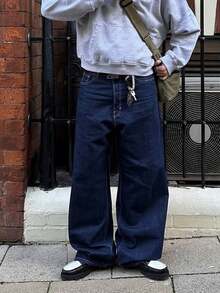 Grunge Goth Y2K Style Fashion Casual Pocket Young Street Personalized College Sports Loose Wide-Leg Versatile Dark Blue Men Denim Jeans - Dark Wash - View 2