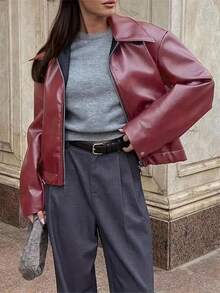 Women's H-Fit PU Jacket - Black Collar Front Zipper Design, Women's Jacket, Women's Winter Coat, Women's Leather Jacket, Fashionable Autumn/Winter Casual | Versatile Style For All Ages | Modern Jacket, Seasonal Essential - 紅色 - 查看 4